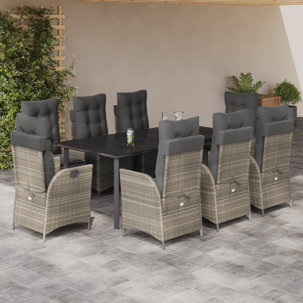 9 Pcs conjunto de jantar p/ jardim c/ almofadões cinzento claro