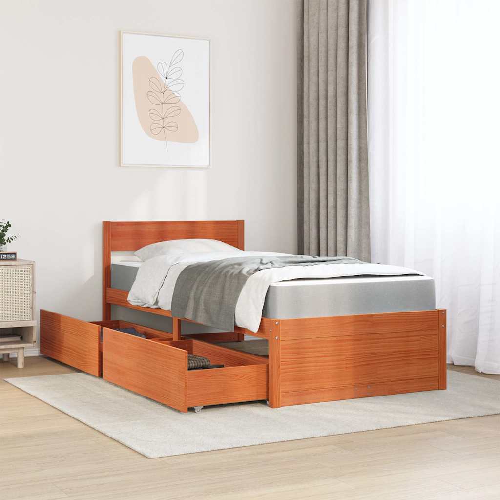 Cama com gavetas e colchão 90x200 cm pinho maciço castanho-mel