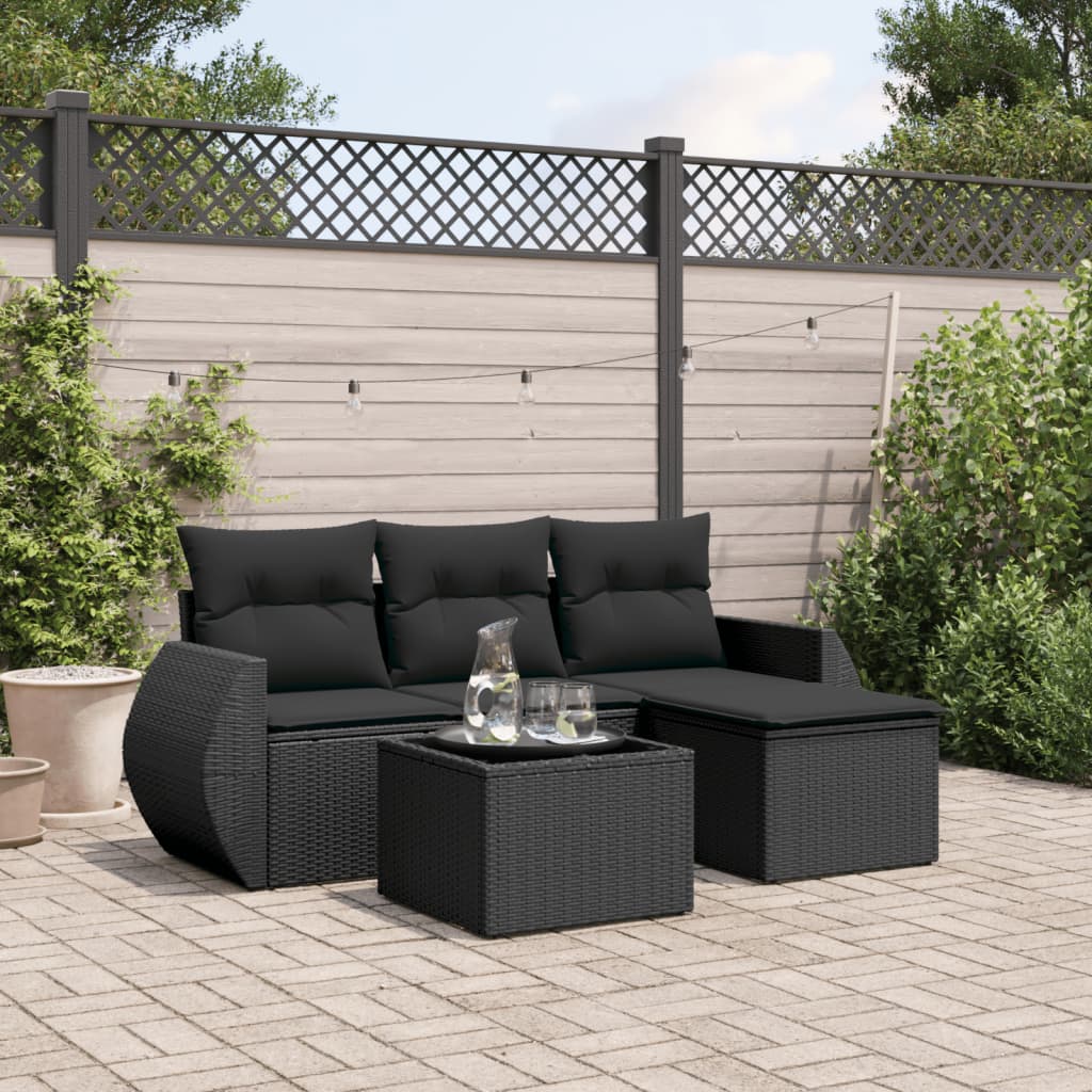 5 Pcs conjunto sofás de jardim com almofadões vime PE preto