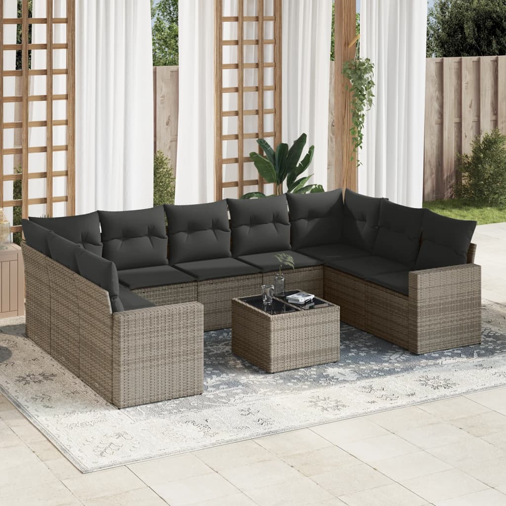 10 Pcs conjunto sofás de jardim c/ almofadões vime PE cinzento