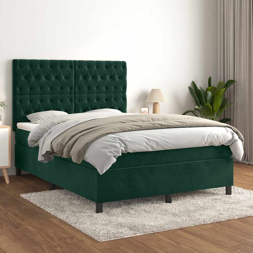 Cama com molas/colchão 140x200 cm veludo verde-escuro