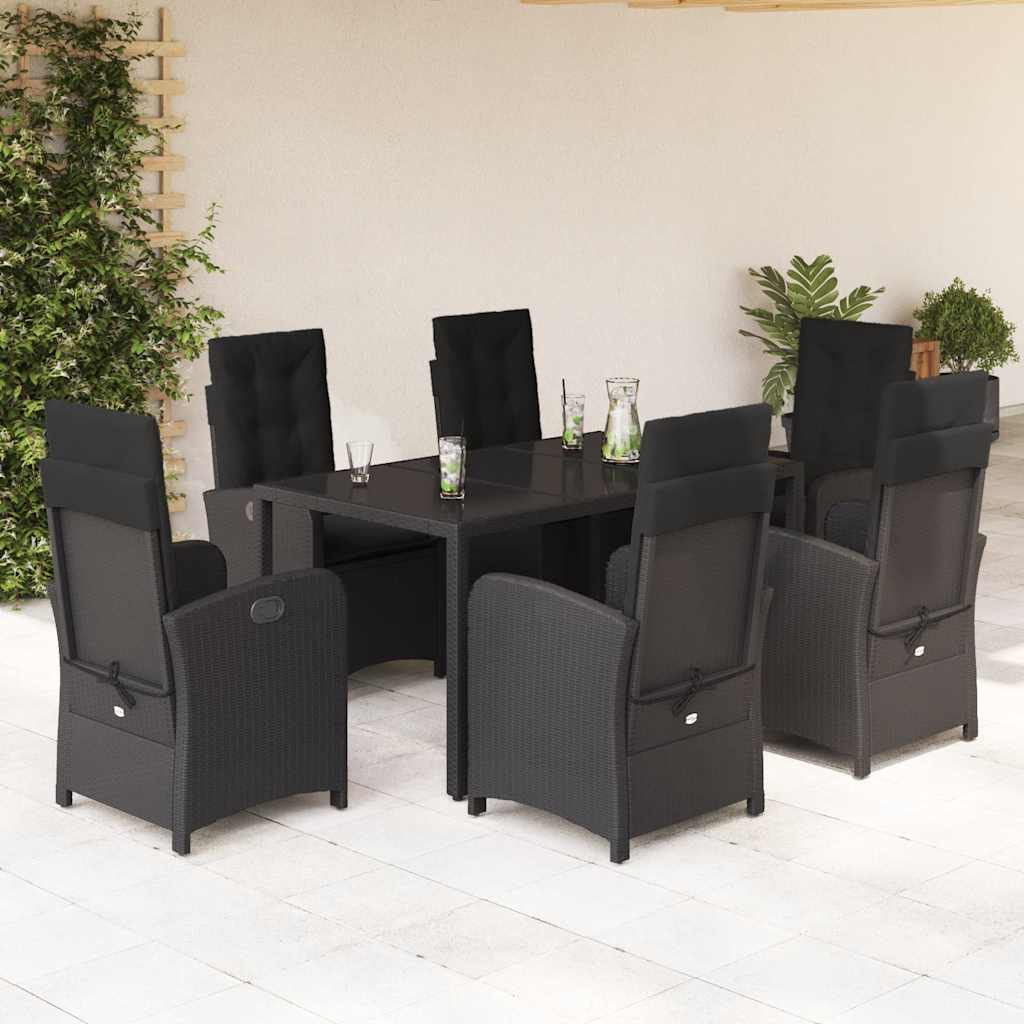 7 Pcs conjunto de jantar p/ jardim c/ almofadões vime PE preto