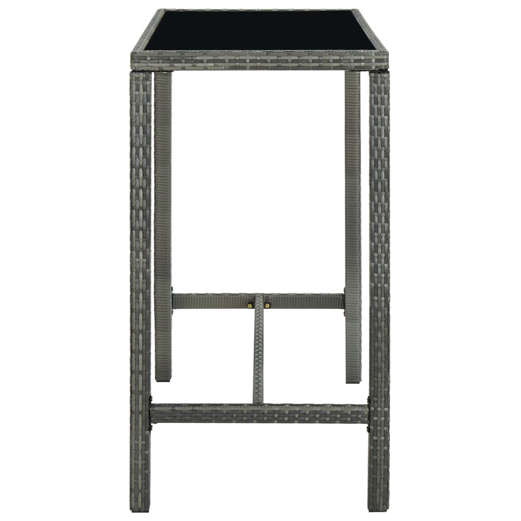 Mesa de bar para jardim 130x60x110 cm vidro e vime PE cinzento