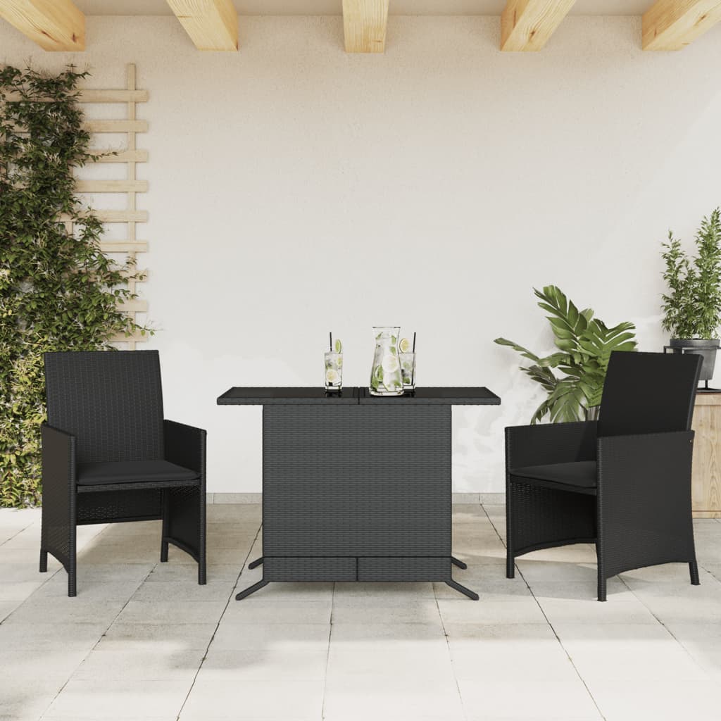 3 Pcs conjunto de bistrô com almofadões vime PE preto