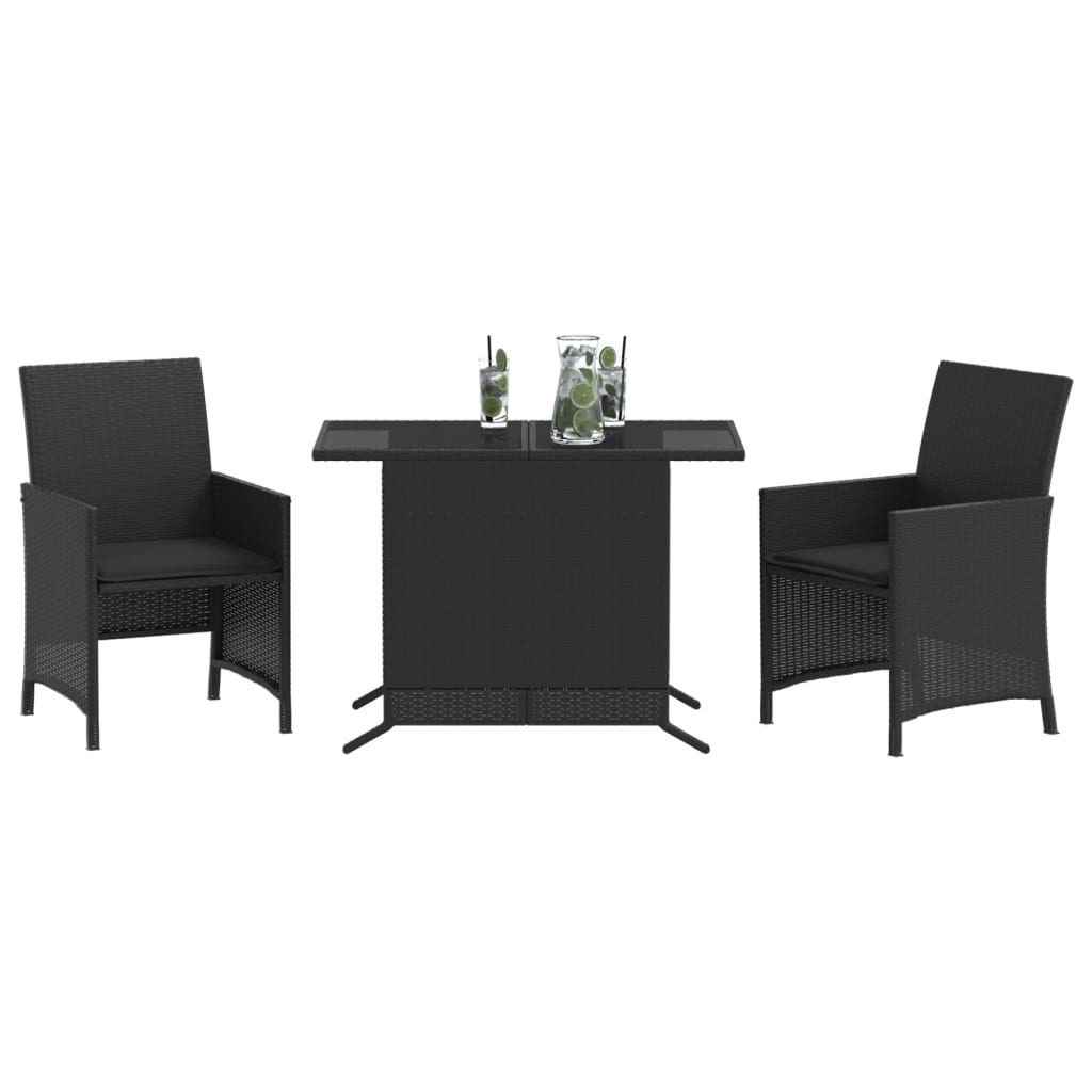 3 Pcs conjunto de bistrô com almofadões vime PE preto