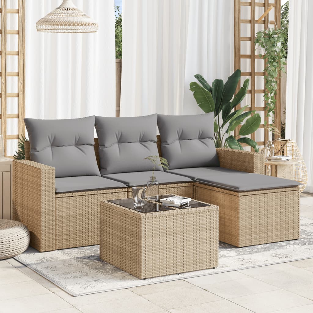 5 Pcs conjunto de sofás p/ jardim com almofadões vime PE bege