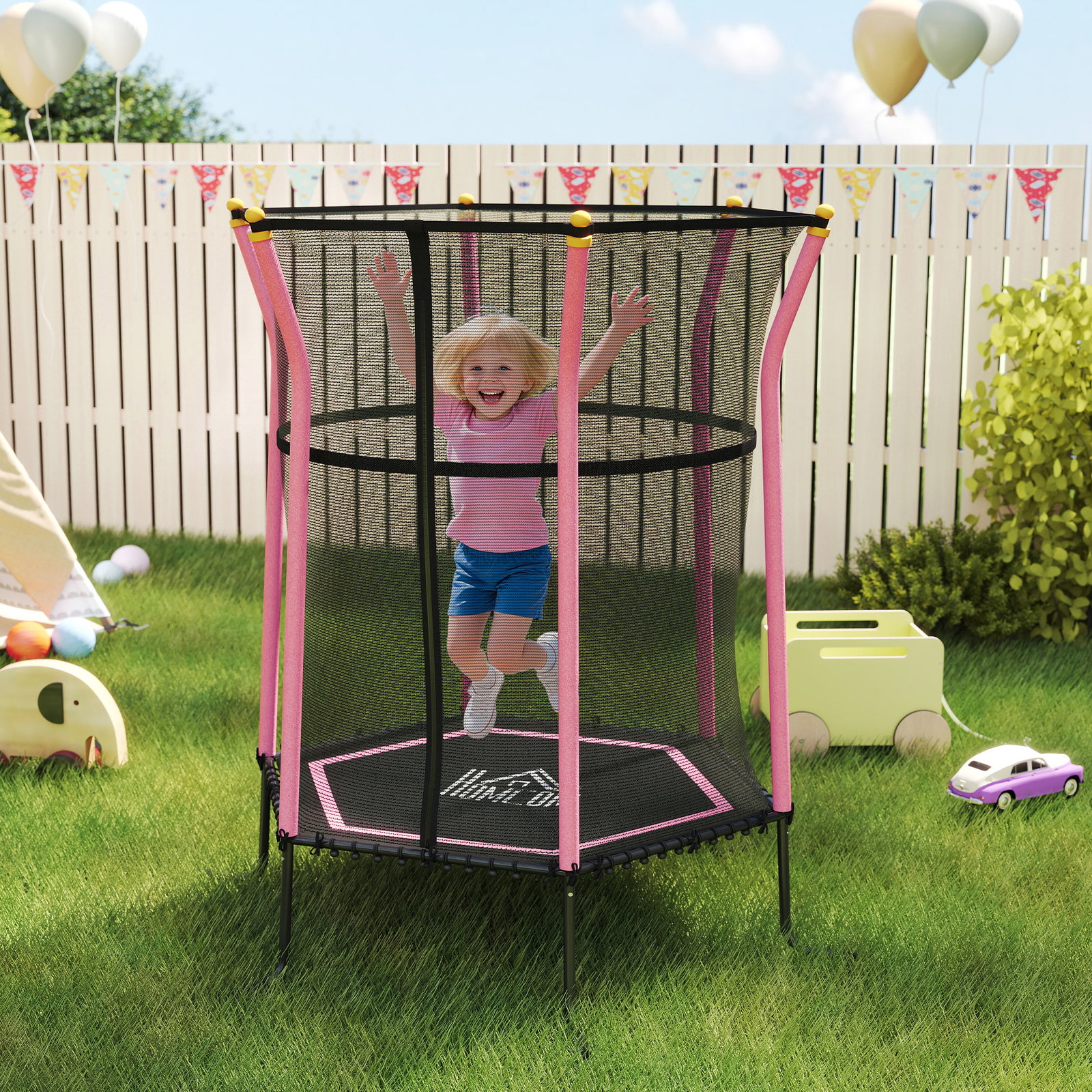 Trampolim para crianças cama elástica infantil com rede de segurança para interiores e exteriores ø163,5x190 cm rosa