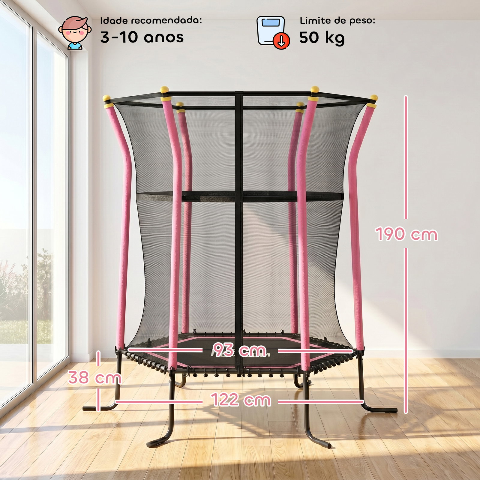Trampolim para crianças cama elástica infantil com rede de segurança para interiores e exteriores ø163,5x190 cm rosa