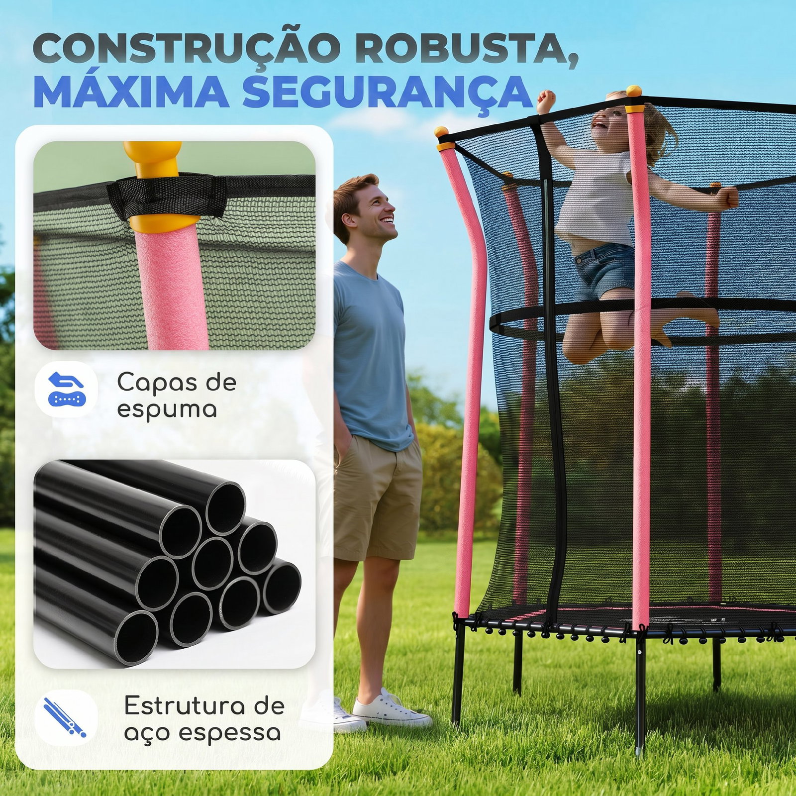 Trampolim para crianças cama elástica infantil com rede de segurança para interiores e exteriores ø163,5x190 cm rosa