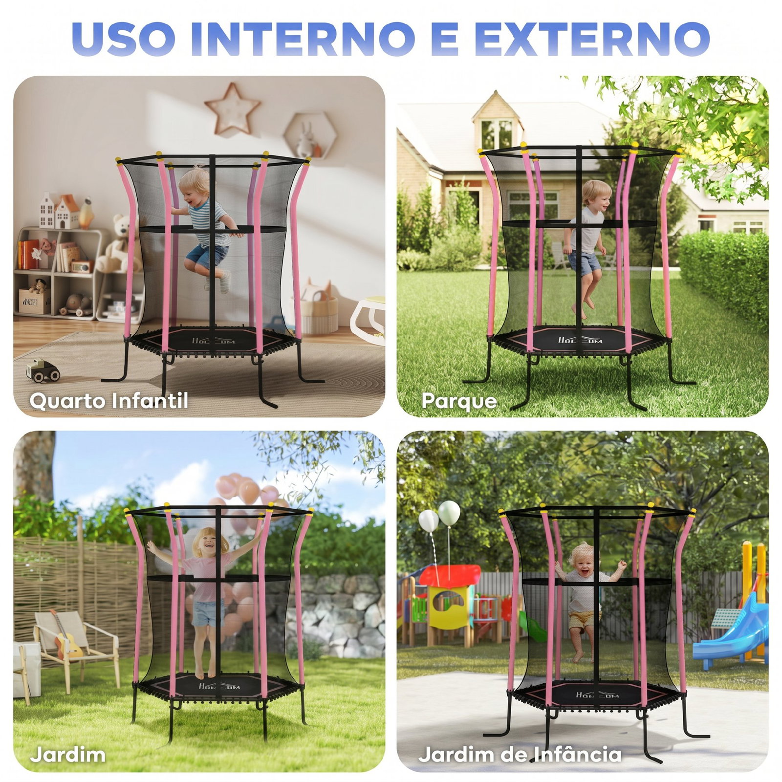 Trampolim para crianças cama elástica infantil com rede de segurança para interiores e exteriores ø163,5x190 cm rosa