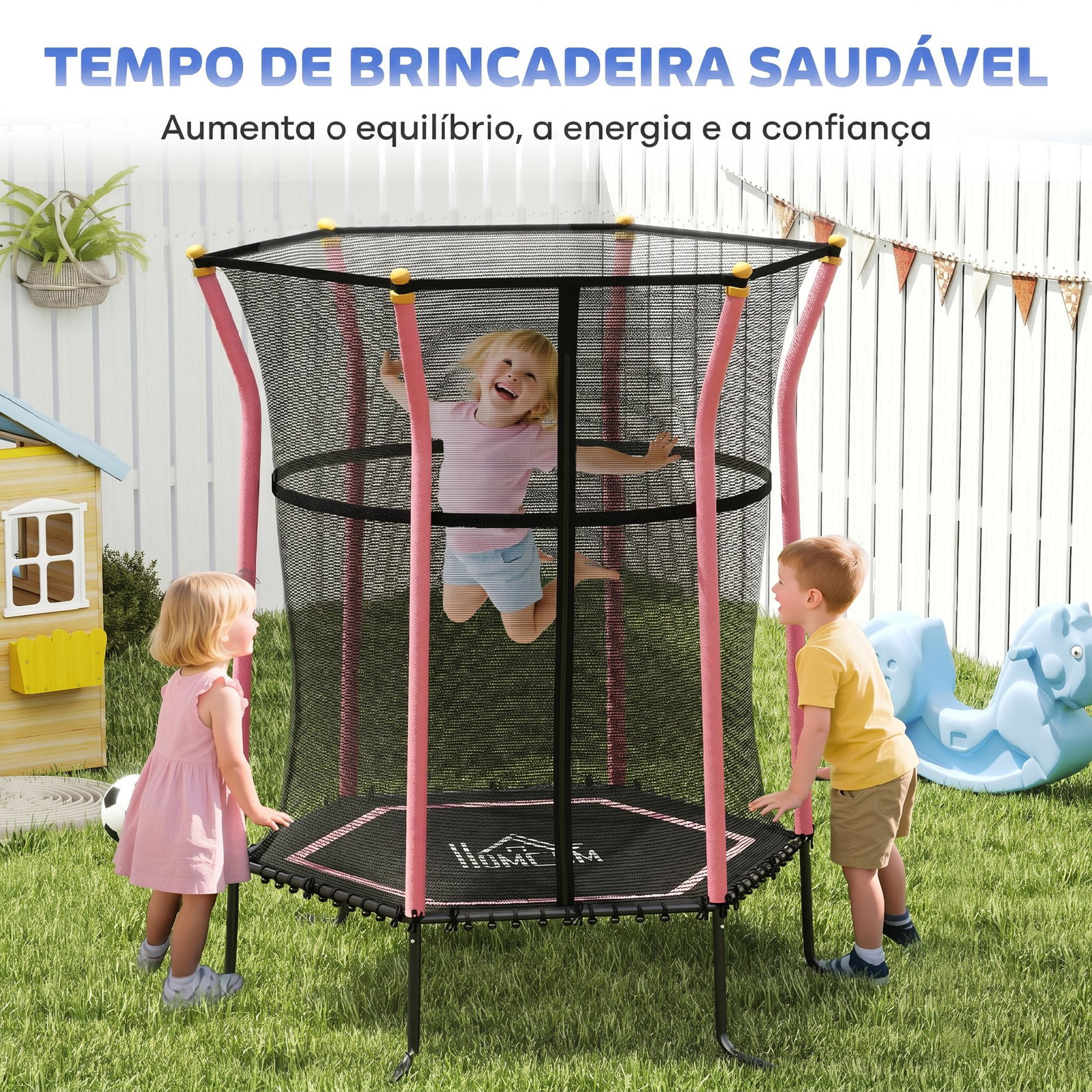 Trampolim para crianças cama elástica infantil com rede de segurança para interiores e exteriores ø163,5x190 cm rosa