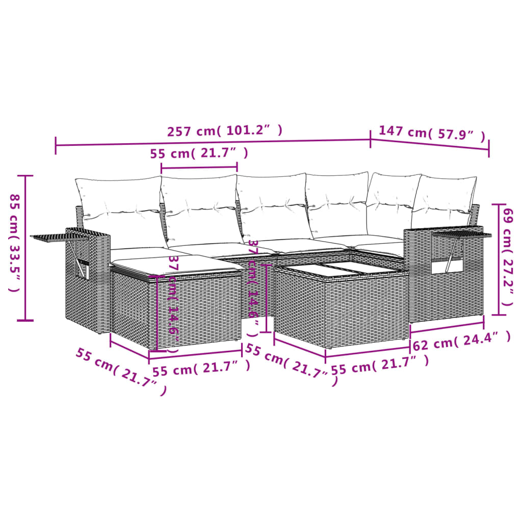 7 Pcs conjunto de sofás p/ jardim com almofadões vime PE bege