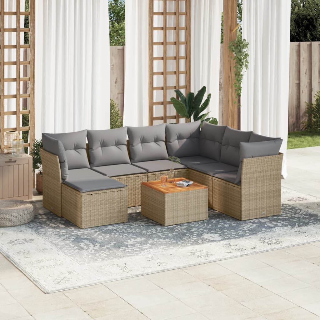 8 Pcs conjunto de sofás p/ jardim com almofadões vime PE bege