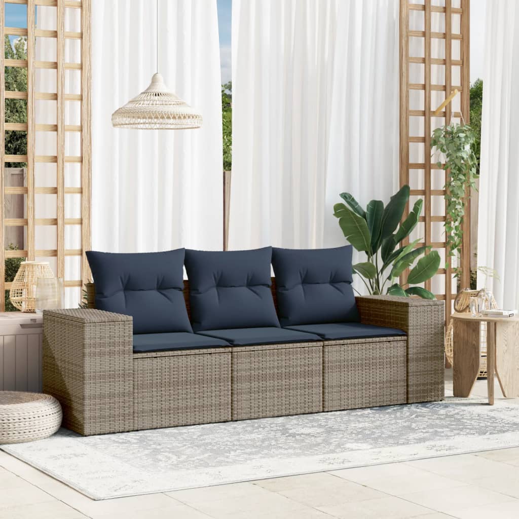 Conjunto de sofá de jardim de 3 peças com almofadas em rattan sintético cinza