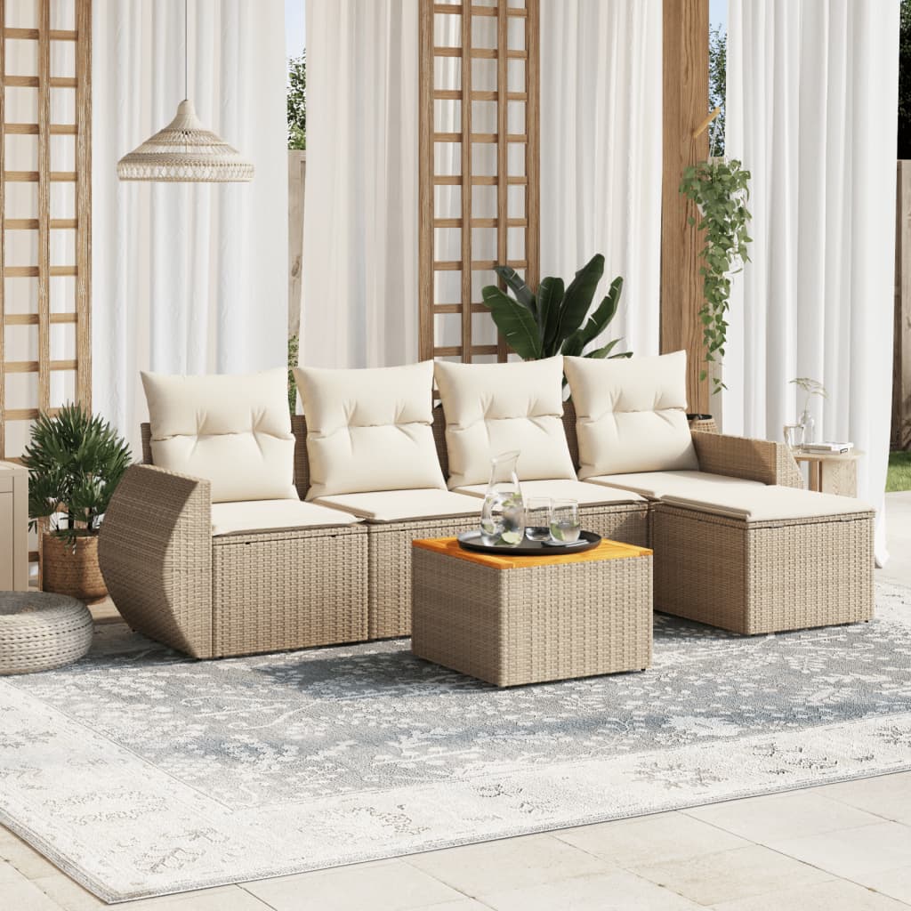 6 Pcs conjunto de sofás p/ jardim com almofadões vime PE bege