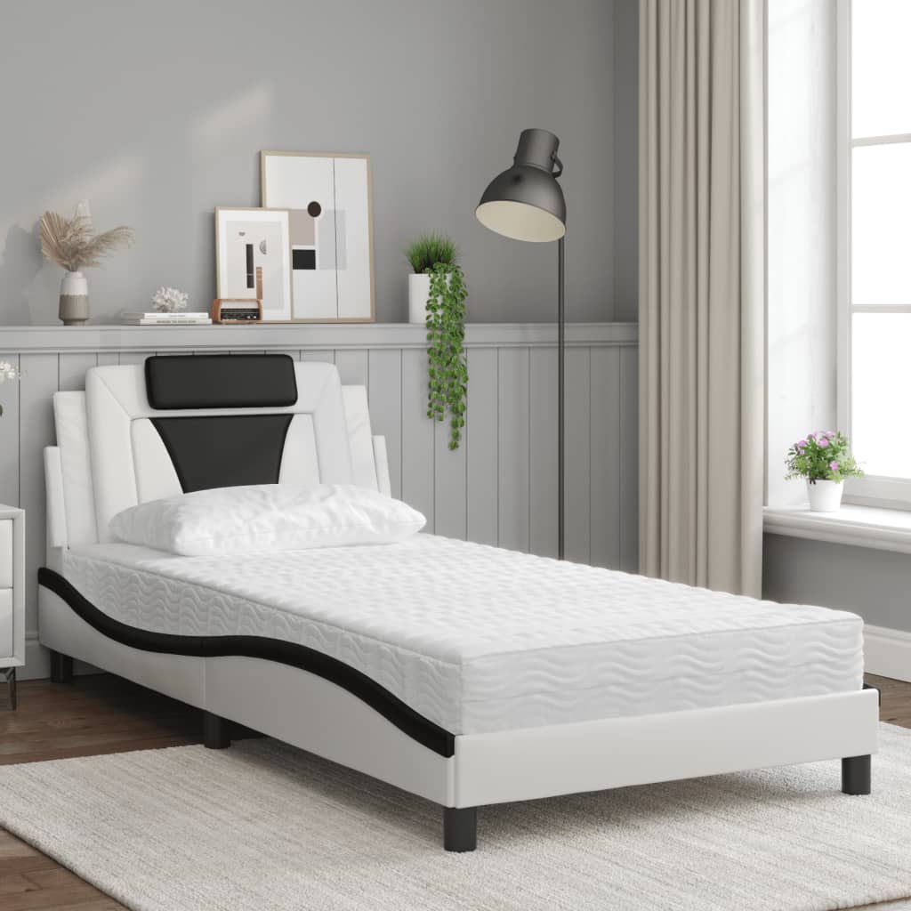 Cama viana com colchão 100x200 cm couro artificial branco e preto