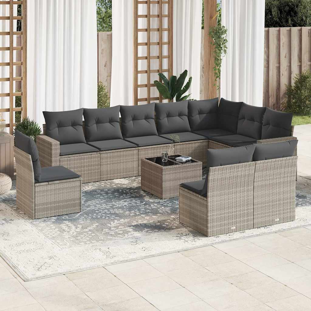 11 Pcs conjunto sofás de jardim c/ almofadões vime PE cinzento