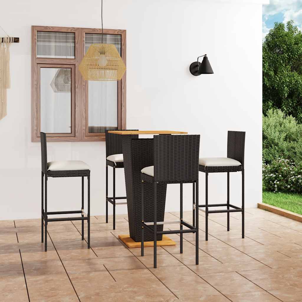 5 Pcs conjunto de bar p/ jardim c/ almofadões vime PE preto