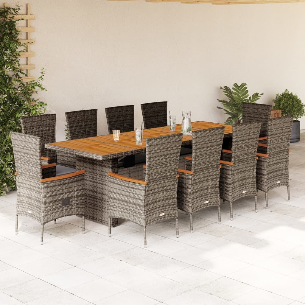 11 Pcs conjunto jantar p/ jardim c/ almofadões vime PE cinzento