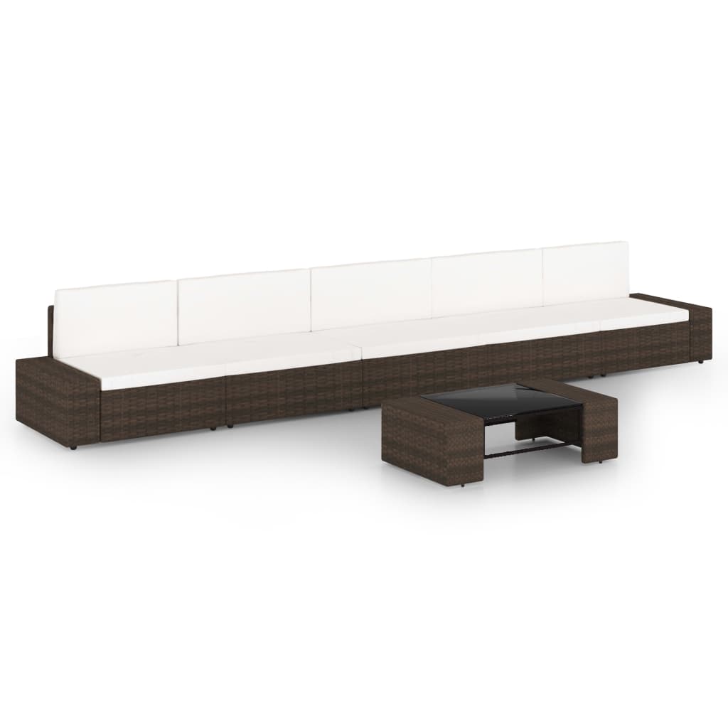 6 Pcs conjunto lounge p/ jardim c/ almofadões vime PE castanho