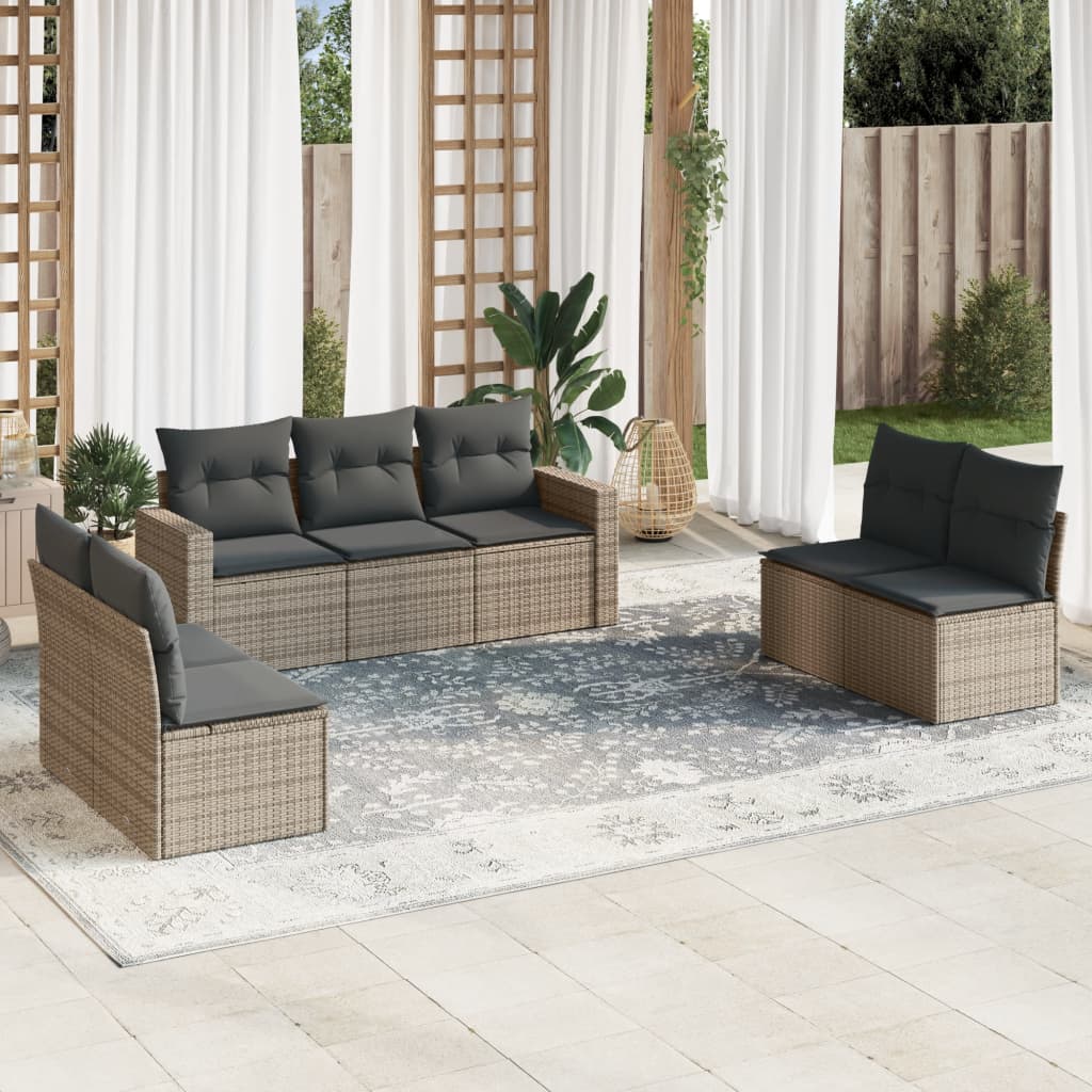 7 Pcs conjunto sofás p/ jardim c/ almofadões vime PE cinzento