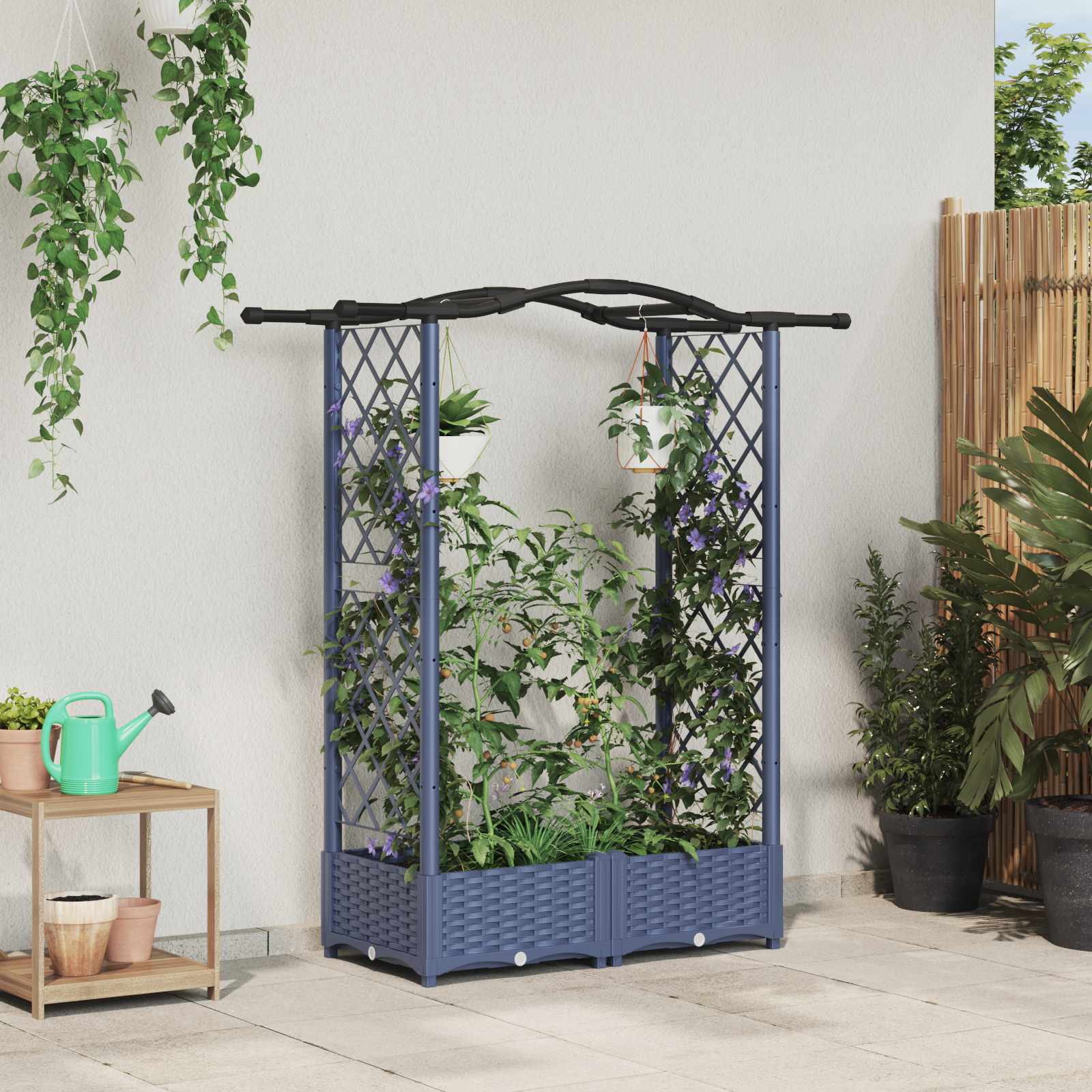 Cama elevada com treliça e telhado cinzento 124 x 40 x 123 cm