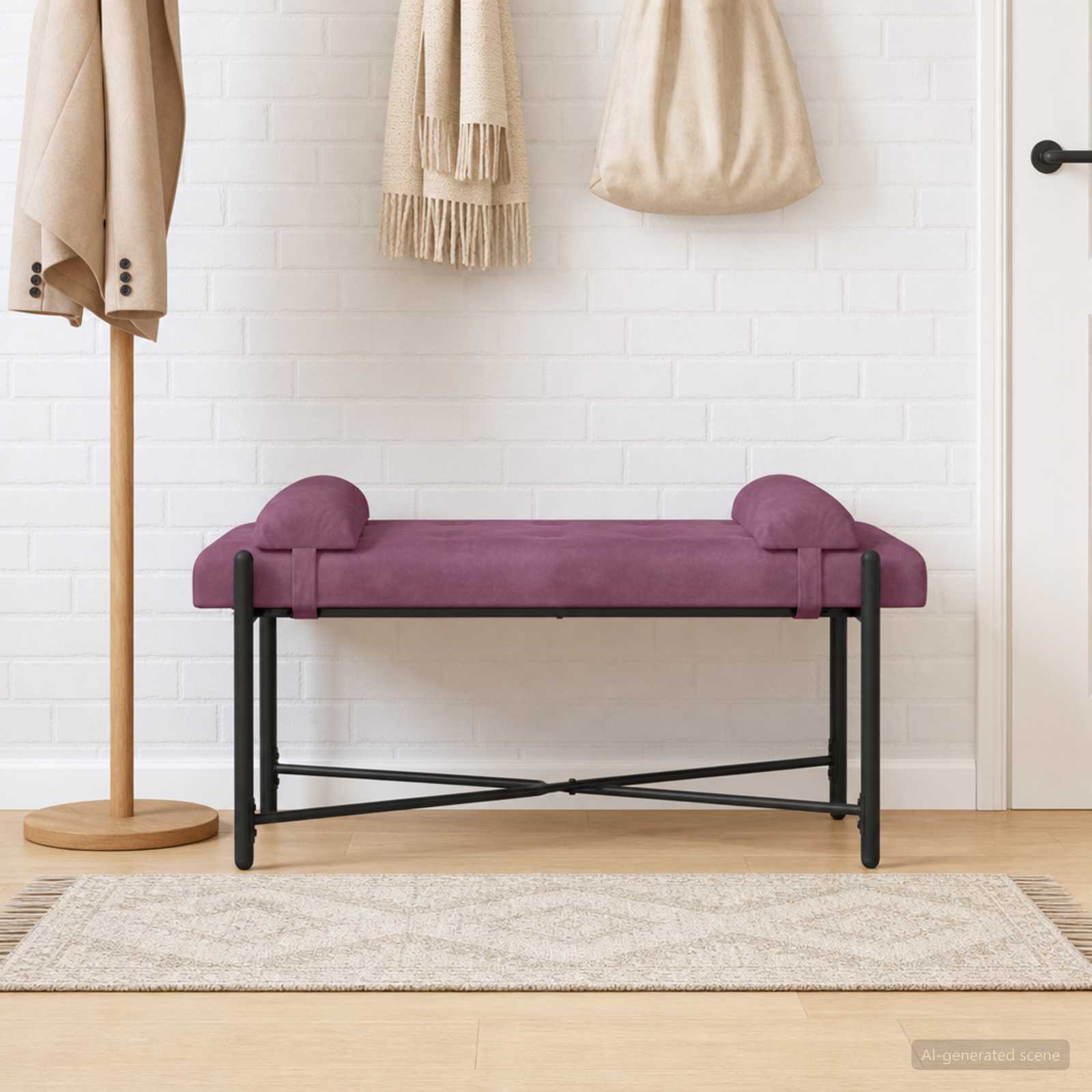 Banco com botões e travesseiros roxo 110 x 40 x 46 cm veludo