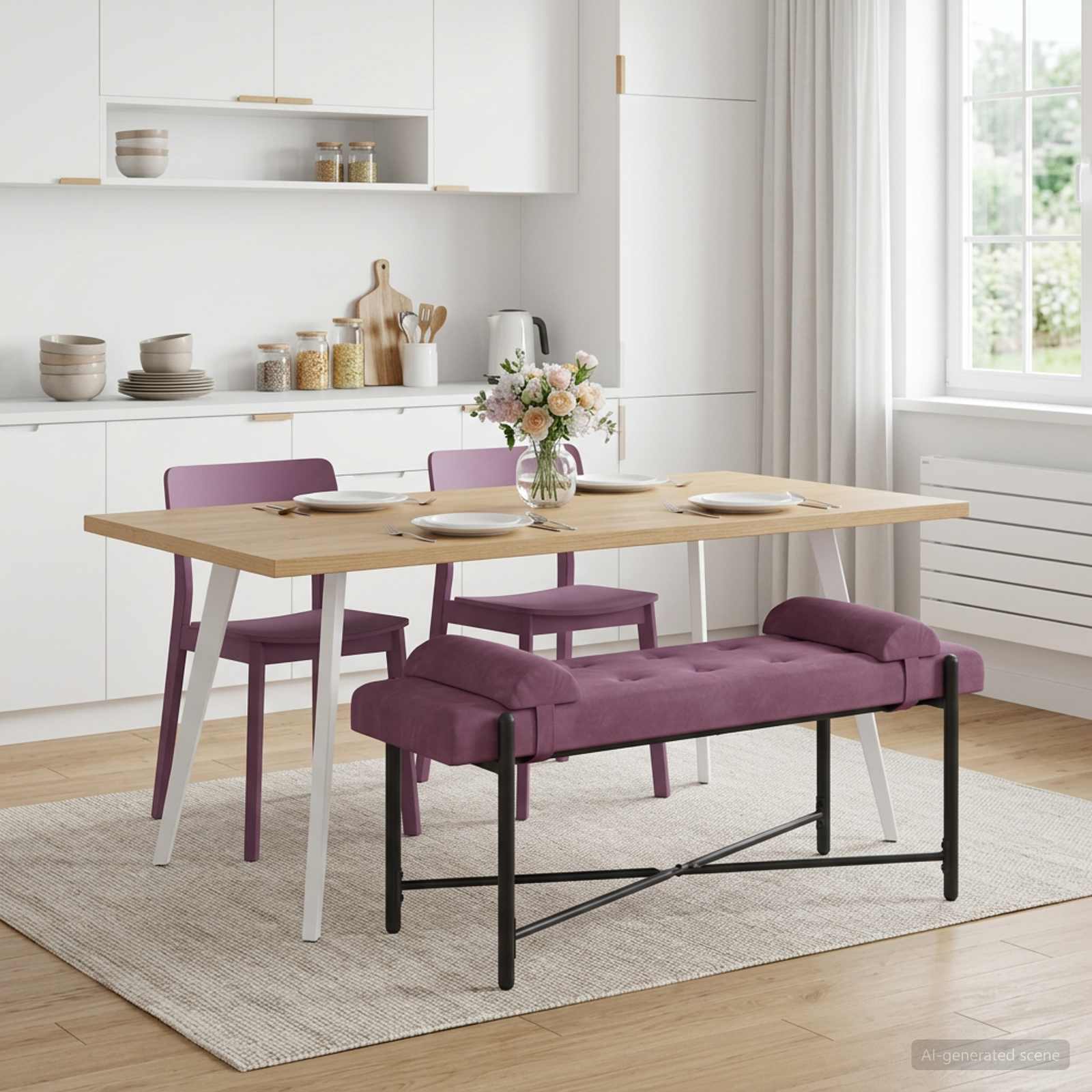 Banco com botões e travesseiros roxo 110 x 40 x 46 cm veludo
