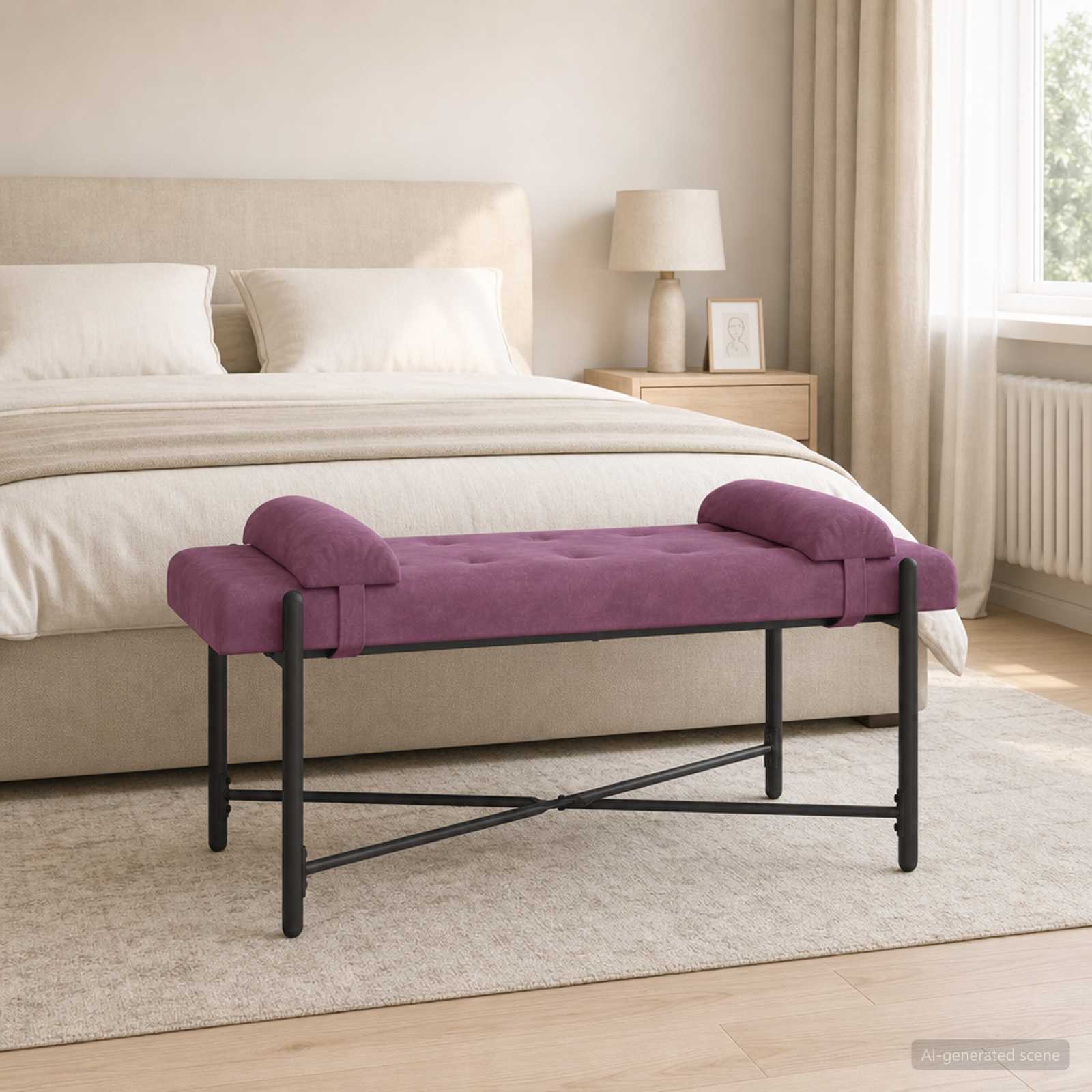 Banco com botões e travesseiros roxo 110 x 40 x 46 cm veludo