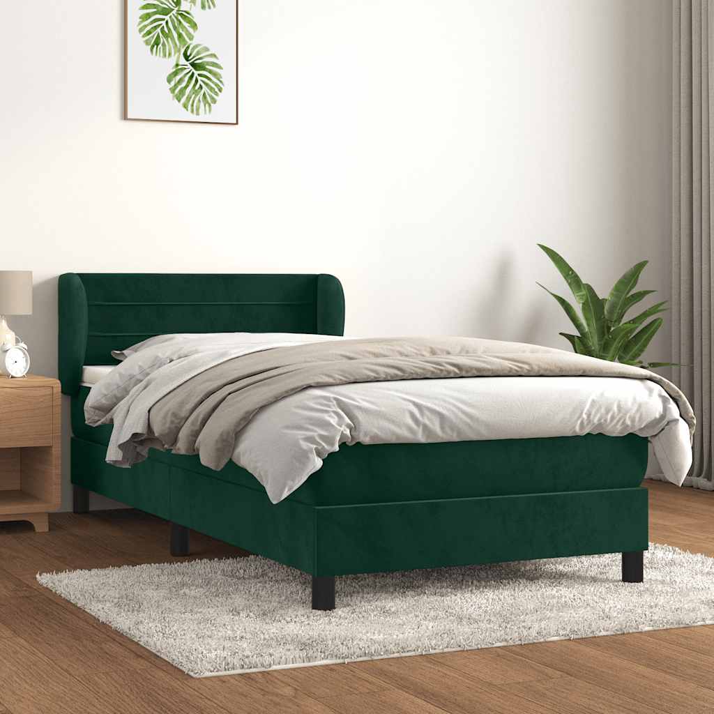 Cama com molas/colchão 90x200 cm veludo verde-escuro