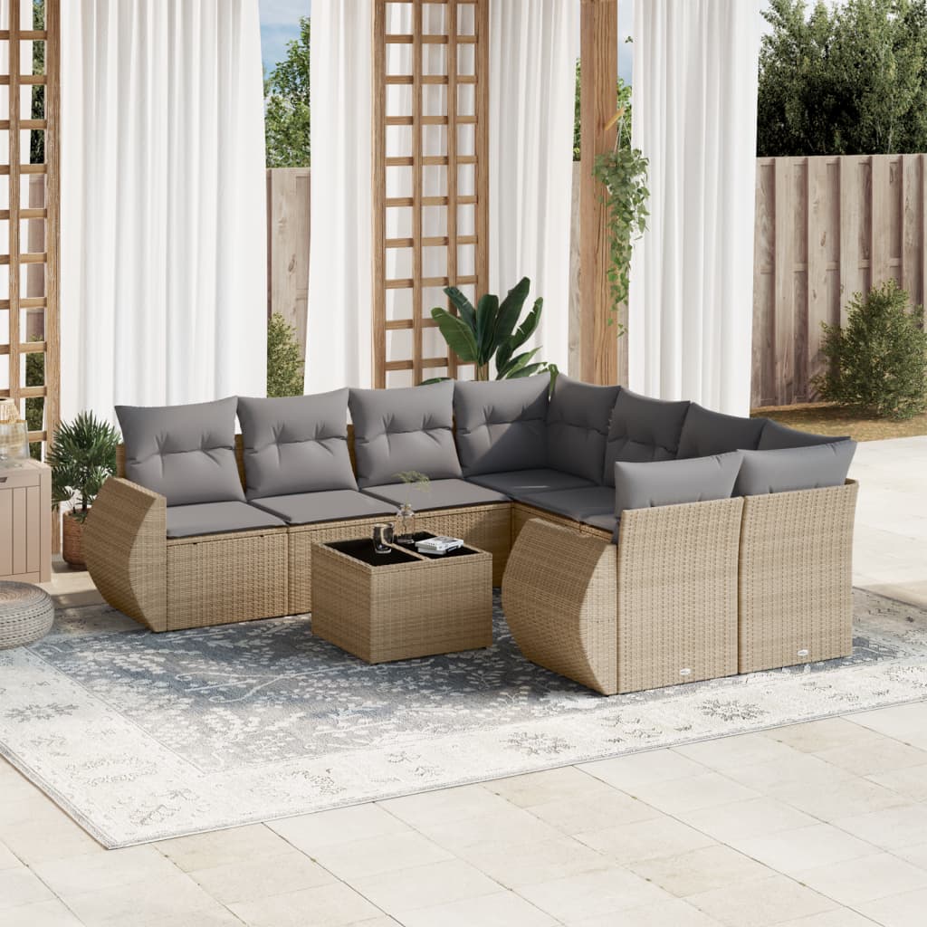 9 Pcs conjunto de sofás p/ jardim com almofadões vime PE bege