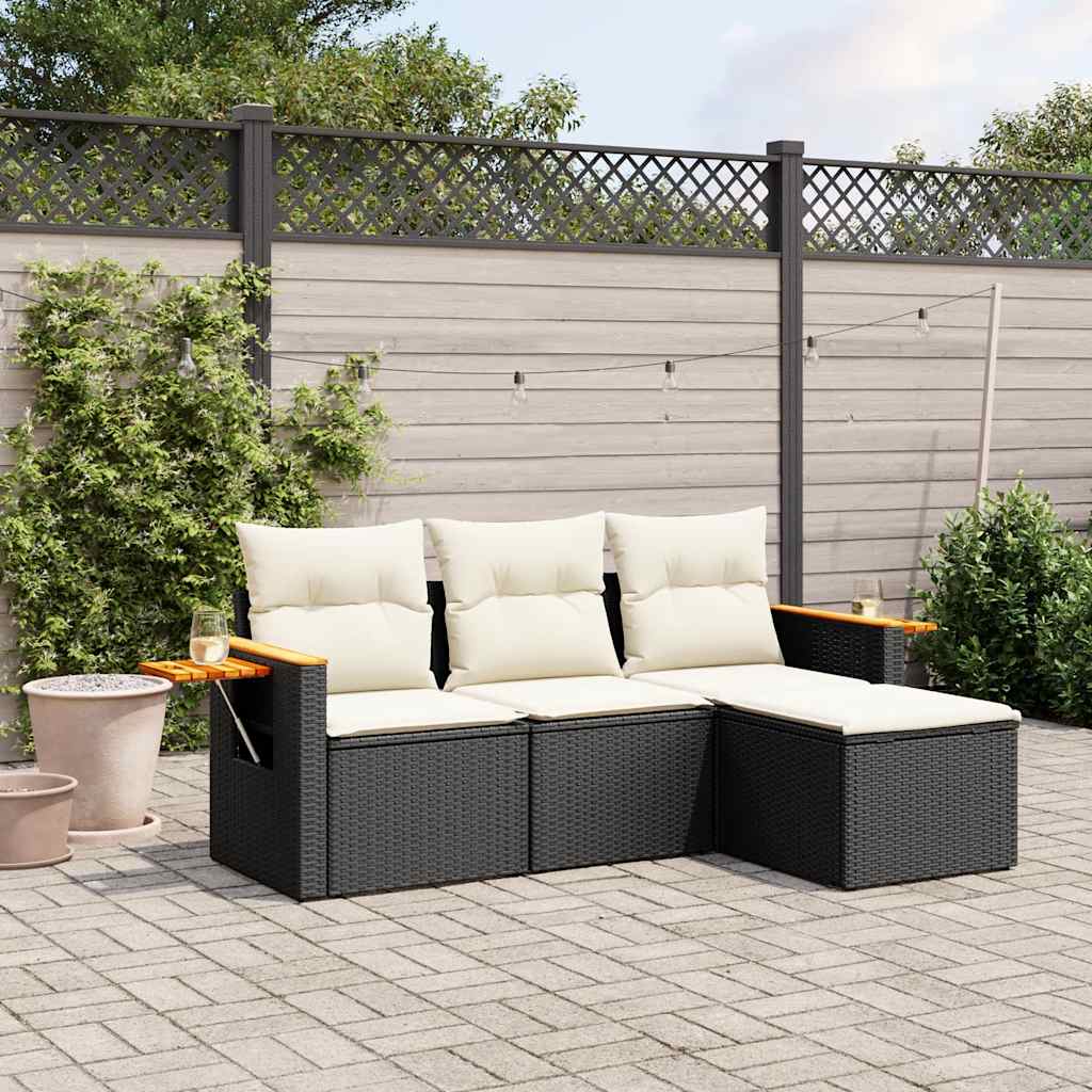 4 Pcs conjunto de sofás para jardim c/ almofadões vime PE preto