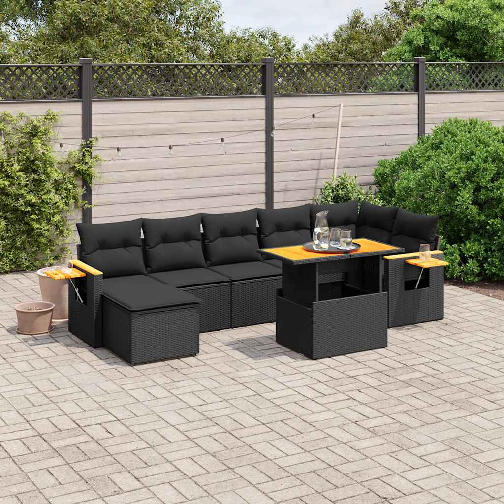 8 Pcs conjunto sofás de jardim com almofadões vime PE preto