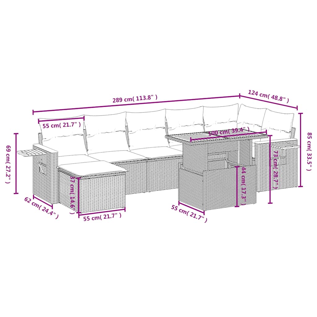 8 Pcs conjunto sofás de jardim com almofadões vime PE preto