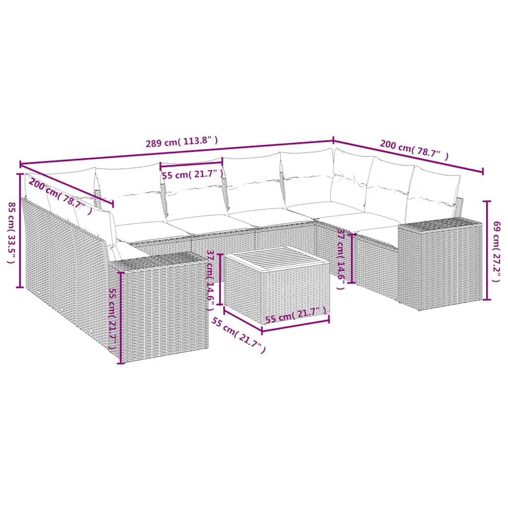 10 Pcs conjunto sofás de jardim c/ almofadões vime PE preto