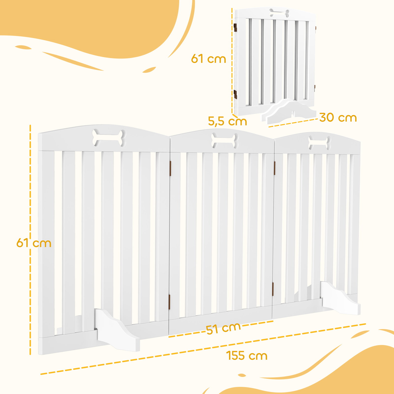 Barreira de segurança dobrável para cães 155 cm vedação para cães médios de 3 painéis com pés removíveis 155x30x61 cm branco