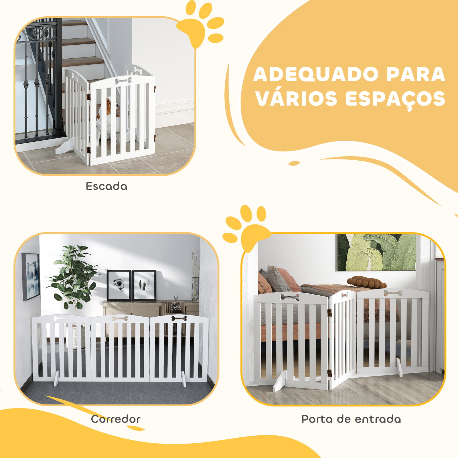 Barreira de segurança dobrável para cães 155 cm vedação para cães médios de 3 painéis com pés removíveis 155x30x61 cm branco