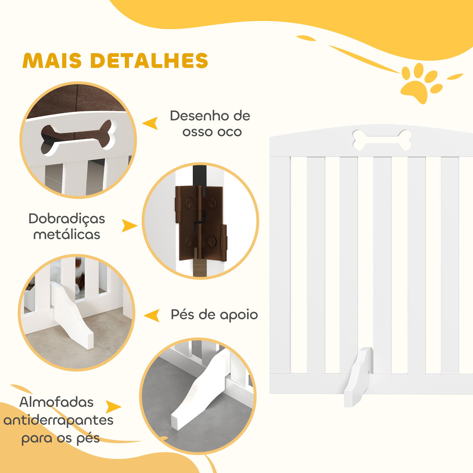 Barreira de segurança dobrável para cães 155 cm vedação para cães médios de 3 painéis com pés removíveis 155x30x61 cm branco