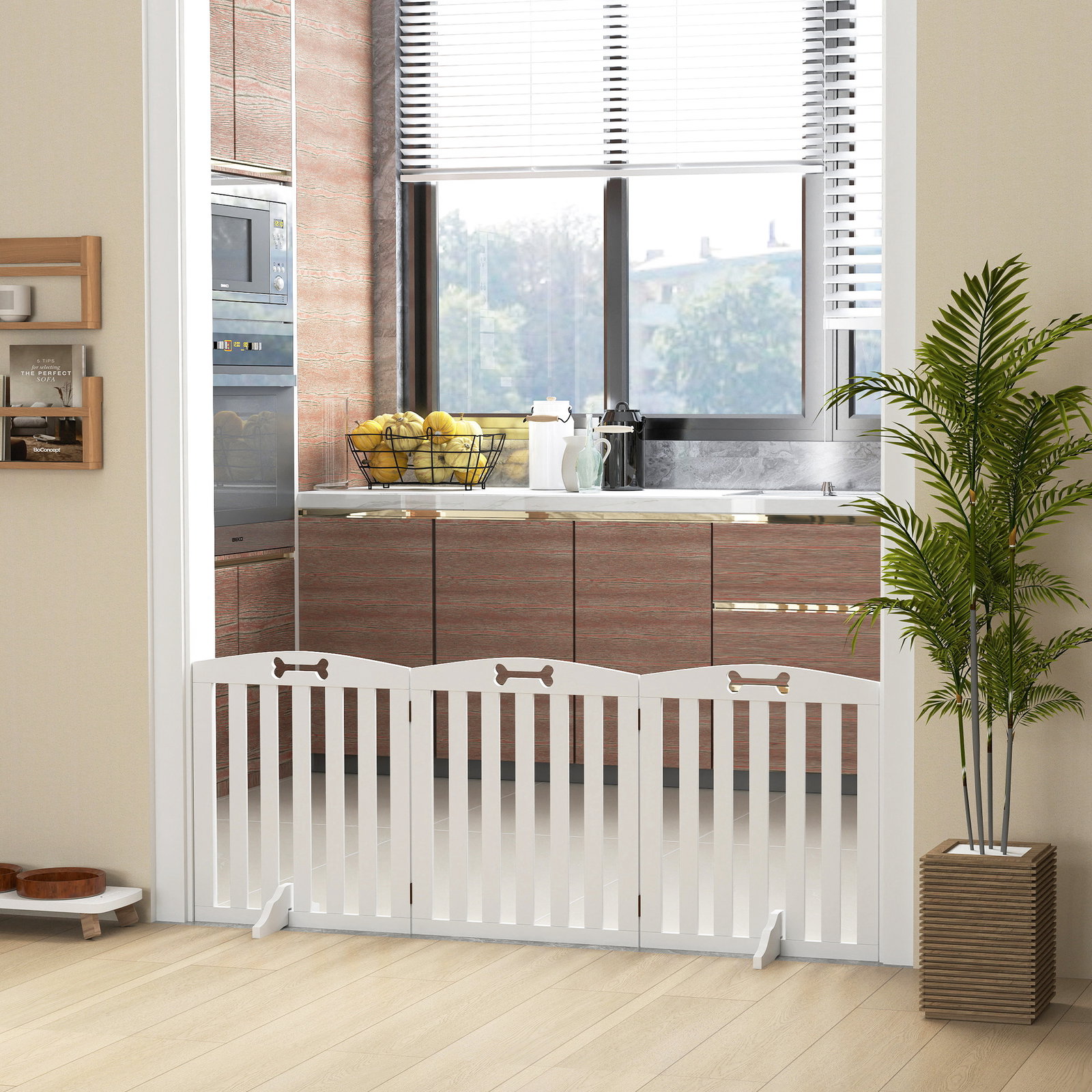 Barreira de segurança dobrável para cães 155 cm vedação para cães médios de 3 painéis com pés removíveis 155x30x61 cm branco