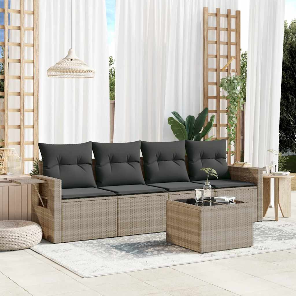 5 Pcs conj. sofás jardim c/ almofadões vime PE cinzento-claro