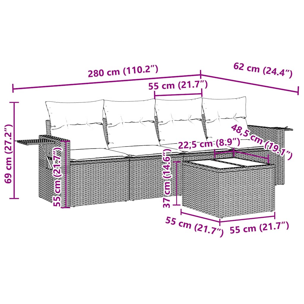 5 Pcs conj. sofás jardim c/ almofadões vime PE cinzento-claro