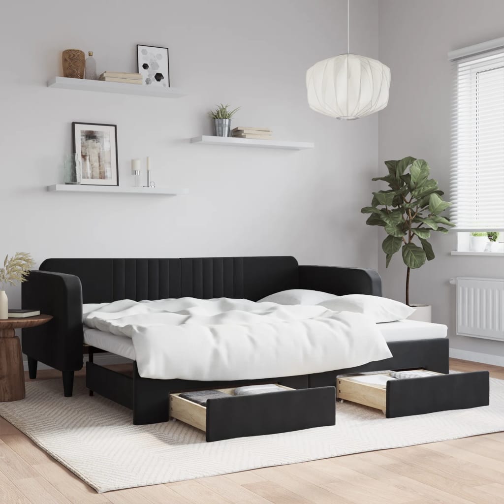 Sofá-cama com gavetão e gavetas 90x200 cm veludo preto