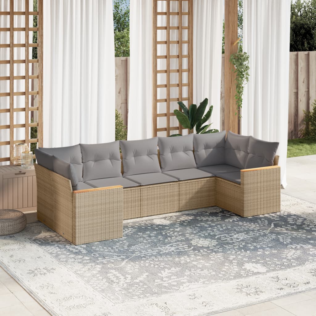 7 Pcs conjunto de sofás p/ jardim com almofadões vime PE bege