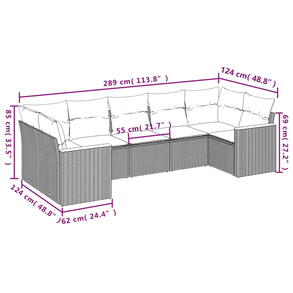 7 Pcs conjunto de sofás p/ jardim com almofadões vime PE bege