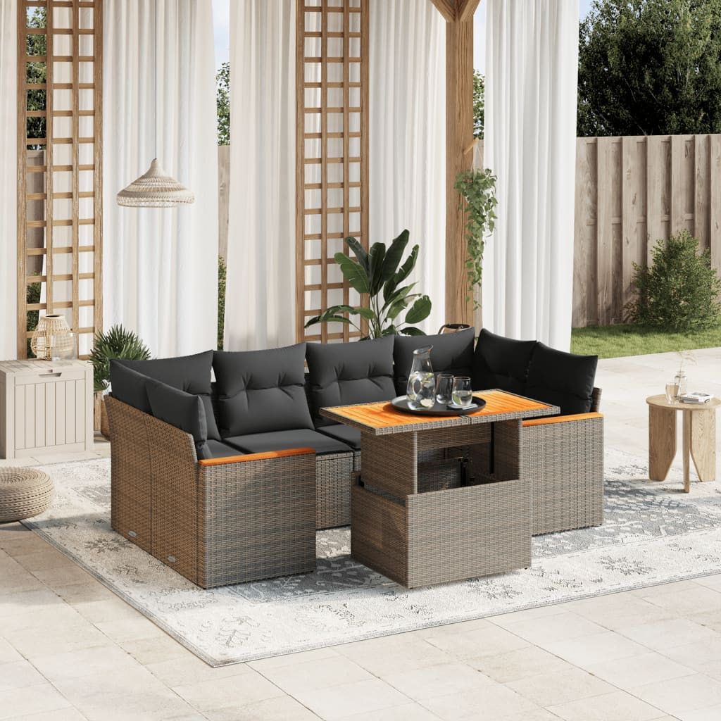 7 Pcs conjunto sofás p/ jardim c/ almofadões vime PE cinzento