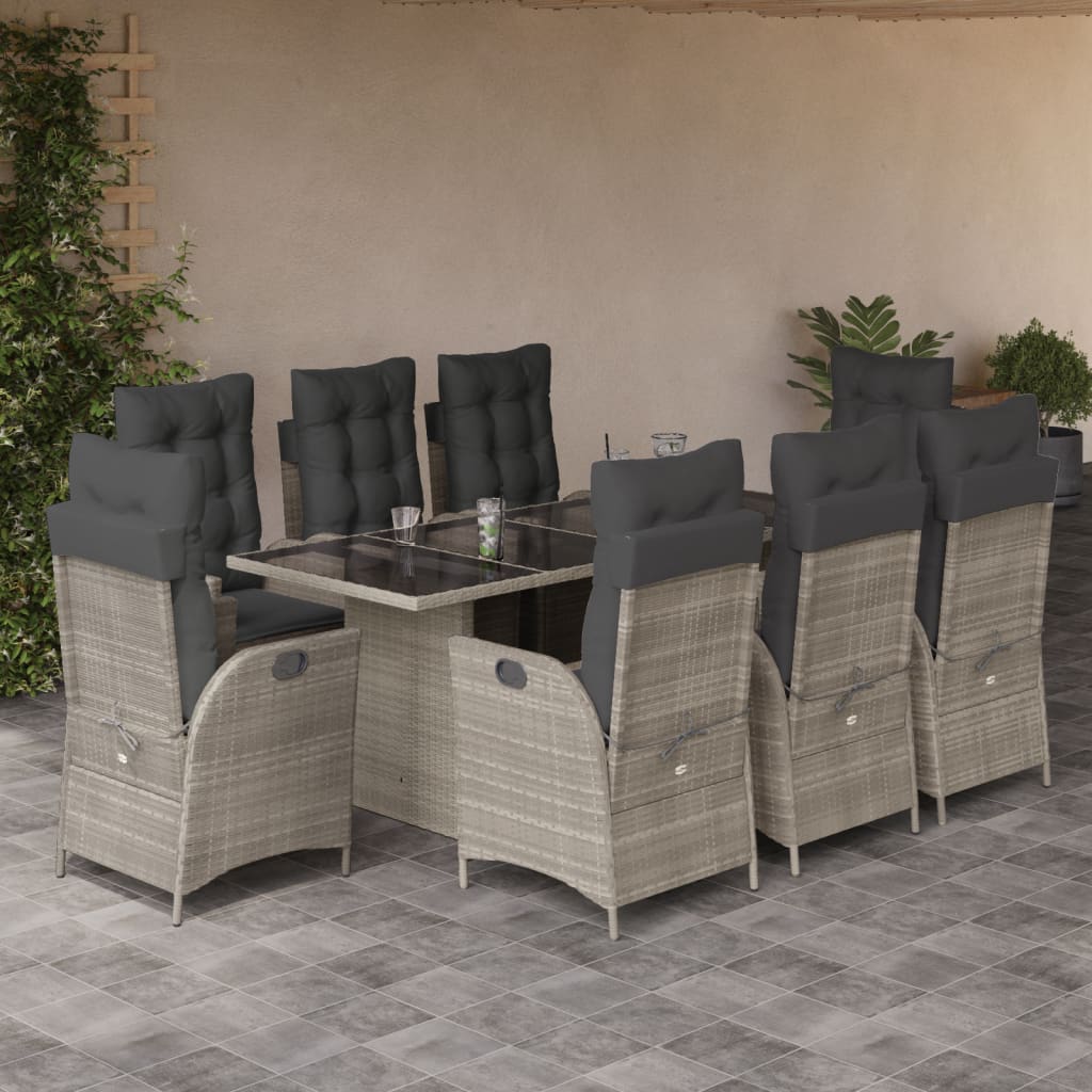9 Pcs conjunto de jantar p/ jardim c/ almofadões cinzento claro