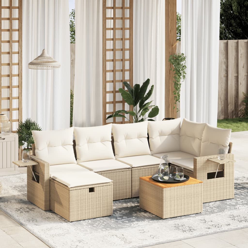 7 Pcs conjunto de sofás p/ jardim com almofadões vime PE bege