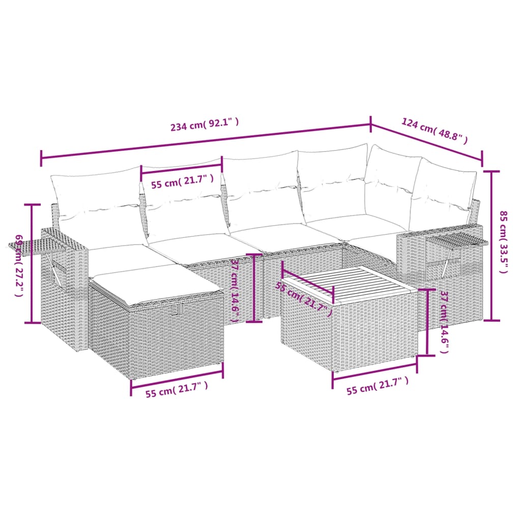 7 Pcs conjunto de sofás p/ jardim com almofadões vime PE bege