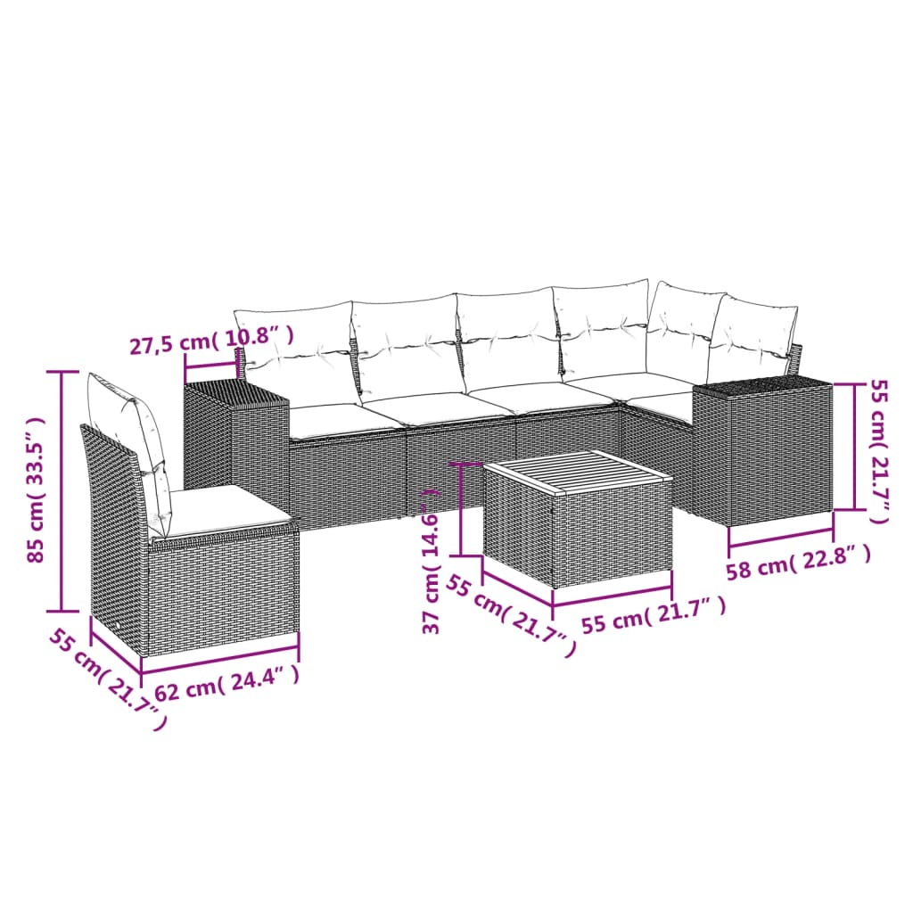 7 Pcs conjunto de sofás p/ jardim com almofadões vime PE bege