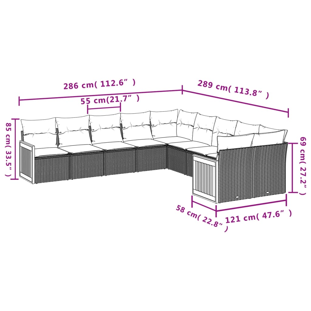 10 Pcs conjunto de sofás p/ jardim com almofadões vime PE bege